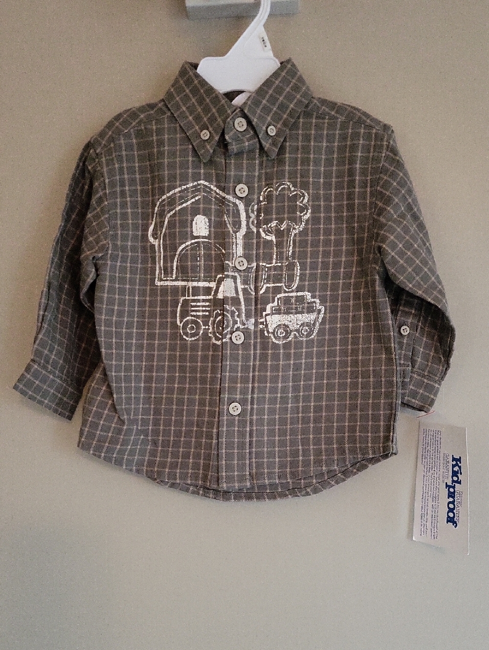 NWT green plaid button down shirt with farm print